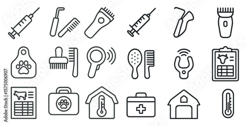 Set of medical and veterinary tools and supplies. The tools include a syringe, a thermometer, a stethoscope, and a pair of scissors. The supplies include a clipboard, a bottle, and a box