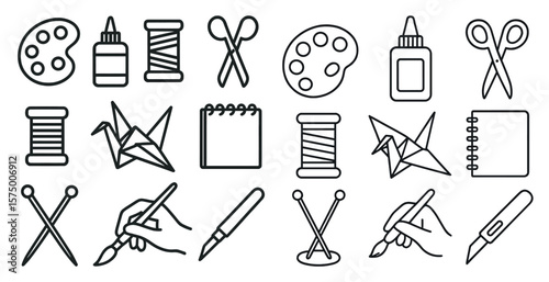 Collection of art supplies including scissors, paint, and a notebook. Concept of creativity and self-expression through art