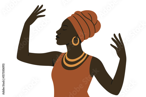 Elegant silhouette of a woman in profile with vibrant headwrap and jewelry