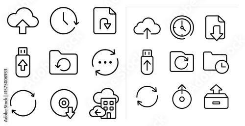 Collection of icons for various computer functions. The icons include a clock, a file, a cloud, and a USB drive