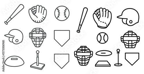 Collection of baseball and softball related icons. The icons include a baseball bat, baseball glove, catcher's mask, helmet, and a baseball