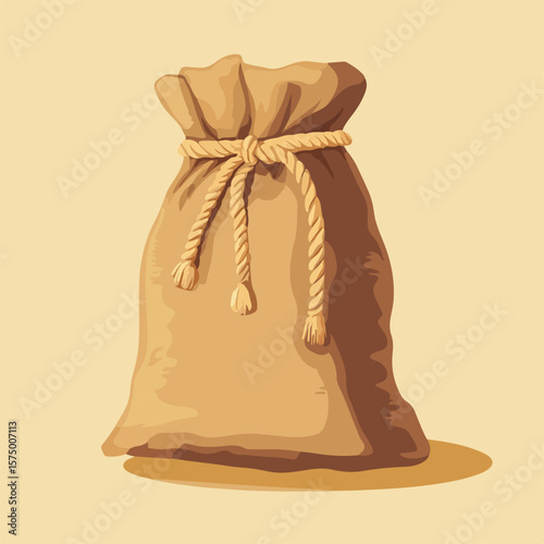 Brown Sack Closed with Rope Flat Vector Illustration