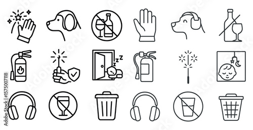 Series of icons that include a hand, a dog, a fire extinguisher, a bottle, a cup, a trash can, a door, a bottle of wine, a glass, a fire hydrant, a fire extinguisher, a fire