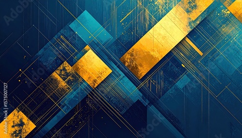 Abstract: blue and gold geometric shapes with intersecting lines.