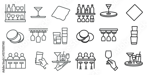 Series of images of various food and drink items, including glasses, cups, and plates. Scene is casual and relaxed, as it depicts a variety of items commonly found in a bar or restaurant setting
