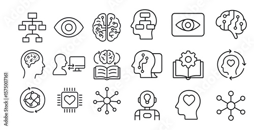 Collection of various icons representing different aspects of the brain. These icons include a computer, a book, a heart, and a robot