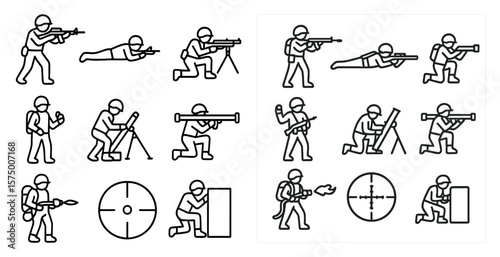 The image is a series of black and white drawings of soldiers in various positions, including one holding a rifle and another holding a camera. Scene is serious and focused