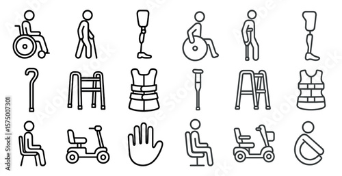 Series of icons depicting various medical equipment and devices. The icons include a cane, a wheelchair, a walker, a hand, a knee brace, and a vest. Scene is one of accessibility