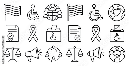 Collection of icons that include a flag, a person in a wheelchair, a person with a sign, a person with a microphone, a person with a check, a person with a ballot, a person with a paper, a person wi