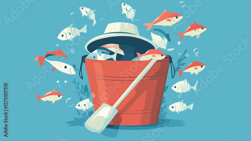 Fishing Equipment Bucket with Fish and Hat
