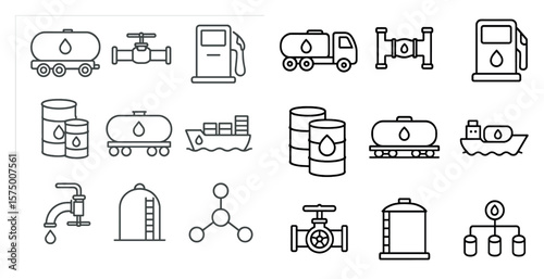 Collection of black and white icons of various oil and gas related items. The icons include a tanker, a ship, a pump, a pipe, and a tanker