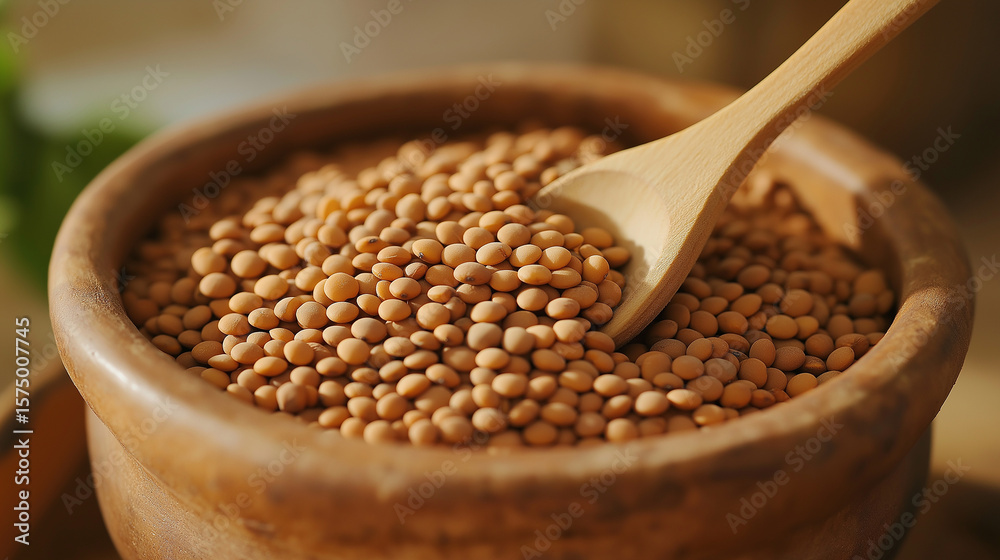 Wooden spoon scooping dry yellow mustard seeds from a rustic bowl Wooden spoon scooping dry yellow mustard seeds from a rustic bowl