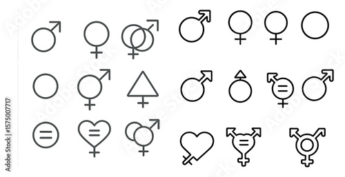 Collection of symbols for men and women, including hearts and arrows. The symbols are all in black and white