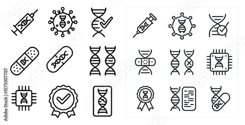 Set of medical symbols and icons, including a syringe, a DNA strand, and a check mark