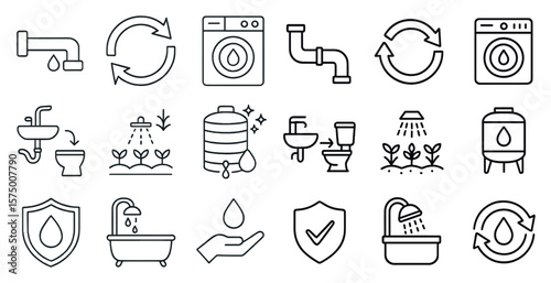 Series of icons for various bathroom fixtures and appliances. The icons include a sink, a toilet, a shower, a bathtub, a washing machine, and a water heater. The icons are arranged in a grid