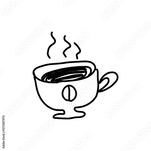 Simple coffee cup with steam and coffee bean symbol in playful hand-drawn doodle style. Black sketch vector icon for café design, morning rituals or hot drink content on transparent background.