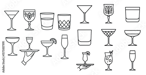 Set of glasses with a tray and a hand holding them. The glasses are of different shapes and sizes, including martini glasses, wine glasses, and shot glasses