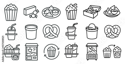 Set of food icons including popcorn, cupcakes, and donuts. The icons are drawn in black and white and are arranged in a grid