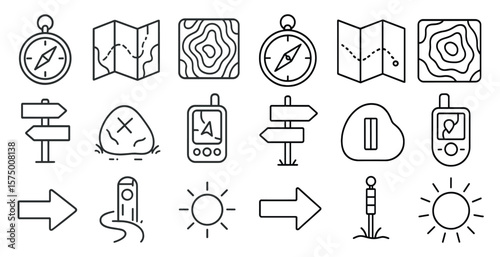 Collection of icons for navigation and travel, including a compass, a sun, and a rock