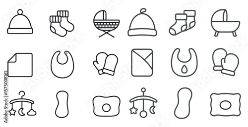 Set of baby items including a blanket, hat, and bib. The items are arranged in a grid, with each item separated by a small space