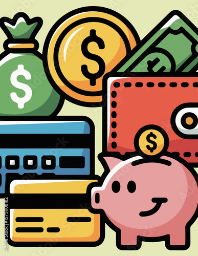 Cartoon Finance Icon Set – Money Bag, Wallet, Piggy Bank, Credit Card, and Calculator


