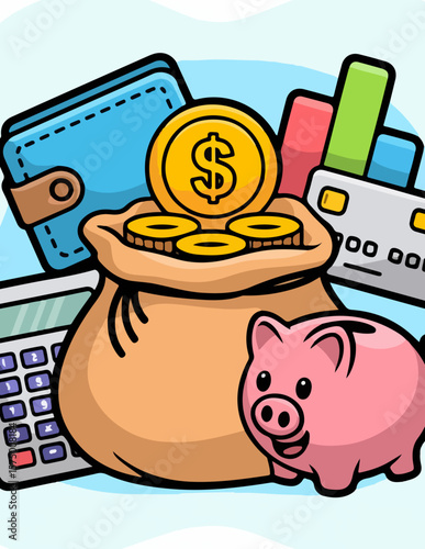 Cartoon Finance Icon Set – Money Bag, Wallet, Piggy Bank, Credit Card, and Calculator

