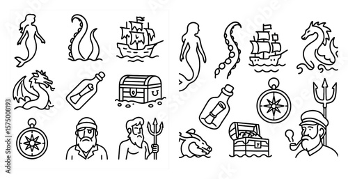 The image is a collection of various sea creatures and objects, including a mermaid, a pirate, a ship, a compass, a bottle, a clock, a sword, a fish, a dragon, a mermaid, a pirate, a ship
