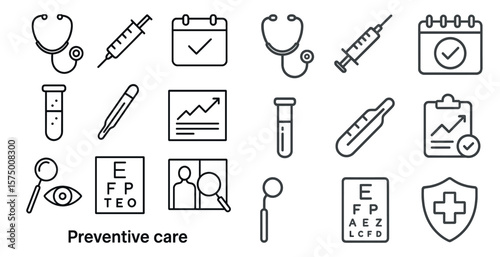Set of medical symbols and icons, including a stethoscope, syringe, and calendar, are arranged in a grid. The image is titled "Preventive Care" and conveys the idea of maintaining good health