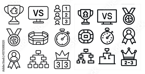 Collection of sports icons and symbols, including a clock, a trophy, and a crown. Scene is one of competition and achievement