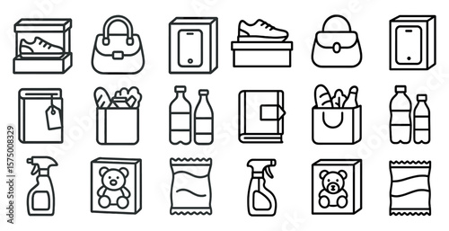Collection of various items such as a teddy bear, a book, a bottle, a bag, and a box
