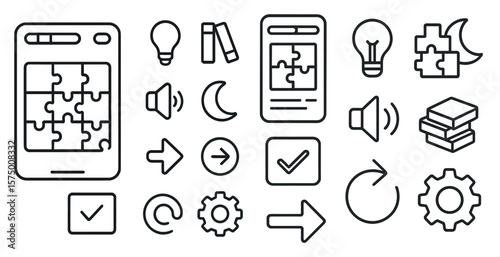 Puzzle piece is shown with a variety of icons surrounding it. The icons include a book, a phone, a light bulb, a clock, and a cross. Concept of a puzzle or a game