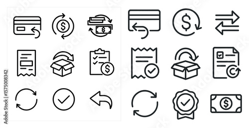 Set of icons for various financial transactions. The icons include a check, a credit card, a box, a receipt, and a dollar sign. The icons are all in black and white