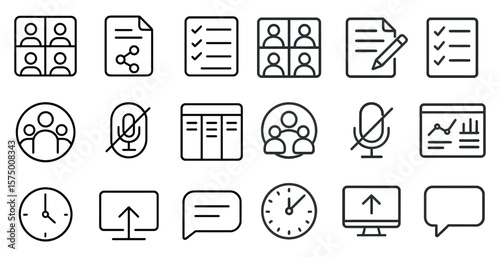 Set of icons for a computer screen. The icons include a clock, a microphone, a check mark, a person with a check mark, a person with a check mark and a person with a check mark
