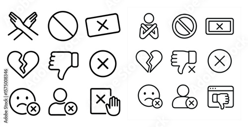 Set of icons that are all black and white. The icons include a thumbs down, a thumbs up, a heart, a broken heart, a person with crossed arms, a person with a hand on their hip