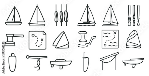 Collection of boat and sailing icons. The icons include a boat, a sail, a compass, a map, a knife, a bottle, a cup, a rope, a paddle, a knife, a knife, a knife, a knife