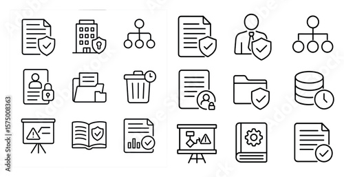 Set of icons for a computer program. The icons include a person with a key, a person with a book, a person with a trash can, a person with a clock, a person with a file, a person with a folder