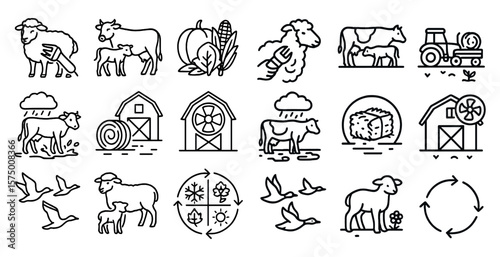 Series of farm animals and farm equipment. The animals include cows, sheep, and birds. The farm equipment includes tractors and a barn. Scene is one of rural life and agriculture