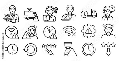 Series of icons depicting various work situations, including a man with a laptop, a woman with a headset, and a man with a tie