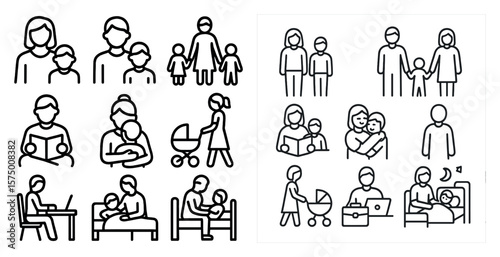 Series of black and white images of people and children. The images show a variety of activities, such as reading, playing, and sleeping. The mood of the images is calm and peaceful