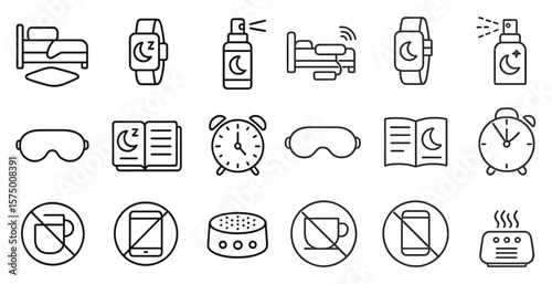 Set of icons for a bedtime routine. The icons include a watch, a book, a cup, a bottle, a clock, a bed, a pillow, a blanket, a remote, a cell phone, a bottle of perfume