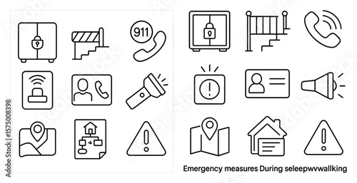 Set of icons for emergency measures during self-walking. The icons include a phone, a flashlight, a map, and a house