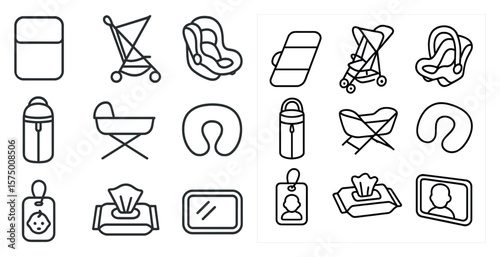 Set of baby items including a bottle, a stroller, a car seat, and a baby carrier
