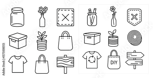 Set of icons for various items, including a sign, a box, a vase, a bottle, a bag, a jar, a plant, and a shirt