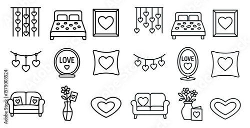 Collection of black and white icons for home decor, including a bed, couch, and vase