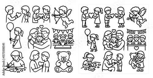 Collection of black and white drawings of children and adults. The drawings depict various scenes of people giving and receiving gifts, such as balloons, teddy bears, and balloons