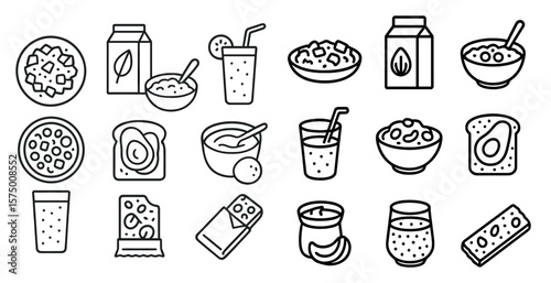Collection of food and drink icons, including a cup, a bowl, a spoon, a glass, a bottle, a slice of bread, a slice of pizza, a slice of cake, a slice of toast, a slice of avocado, a