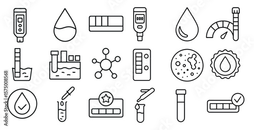 Collection of medical symbols and icons. The icons include a thermometer, a blood pressure cuff, a syringe, and a test tube. Scene is scientific and medical, with a focus on the tools