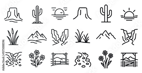 Series of desert and mountain icons. The icons include a cactus, a mountain, a river, and a bench