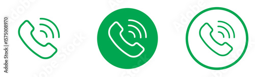 Vector phone icon set. Green Phone icon button. Green Phone icon in flat style. Green Calling  icon collection. Call sign. Ringing phone icon set. Telephone call sign. 