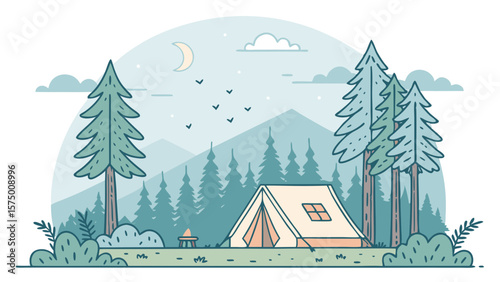 Minimalist illustration of a tent in a forest at twilight  